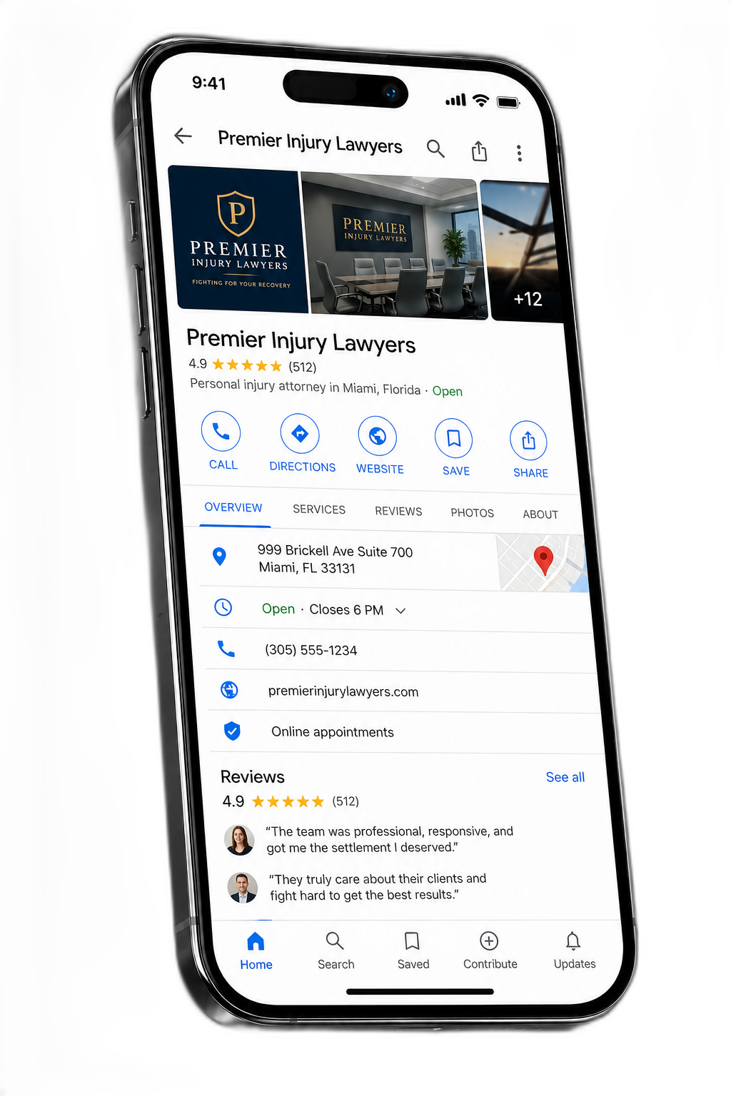 An optimized Google Business Profile for a personal injury law firm shown on an iPhone