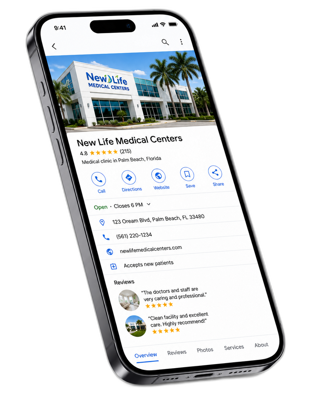 An optimized Google Business Profile for New Life Medical Centers shown on an iPhone